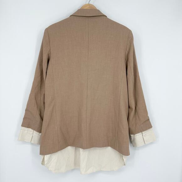 Anthropologie Maeve The Bennet Twofer Blazer Striped Shirttail Hem Jacket Tan - Picture 10 of 16